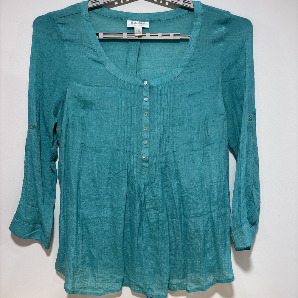 Motherhood Maternity Long Sleeve Shirt Blouse Teal Shimmer Pleat Semi Sheer 2X